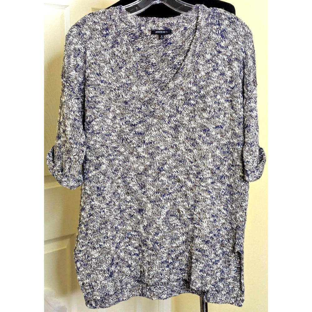 Lafayette 148 Sweater Womens M Linen Cotton Blend V-Neck Cuffed Short Sleeve Top